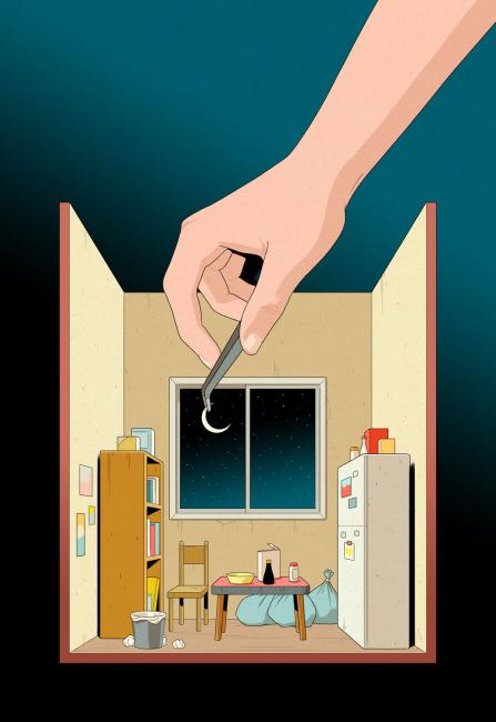 Illustration by Anuj Shrestha of Miyu Kojima's hand using tweezers to place a crescent moon in the window of one of her home dioramas.