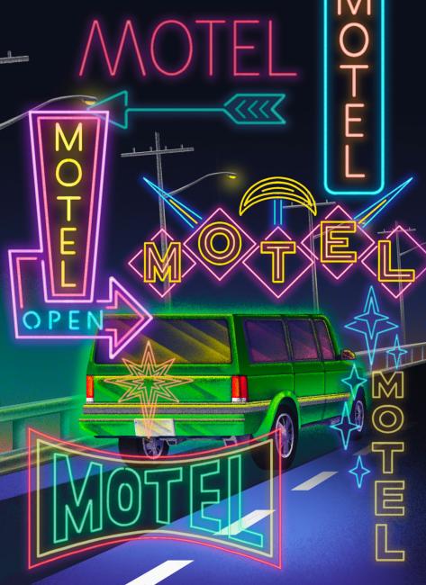 Digital illustration of an Astro van driving down a small highway with motel signs in the air