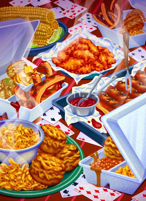 Digital illustration of a table of classic southern food