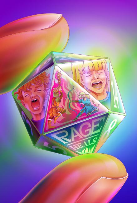 Die with screaming children's faces is pinched by two fingers.