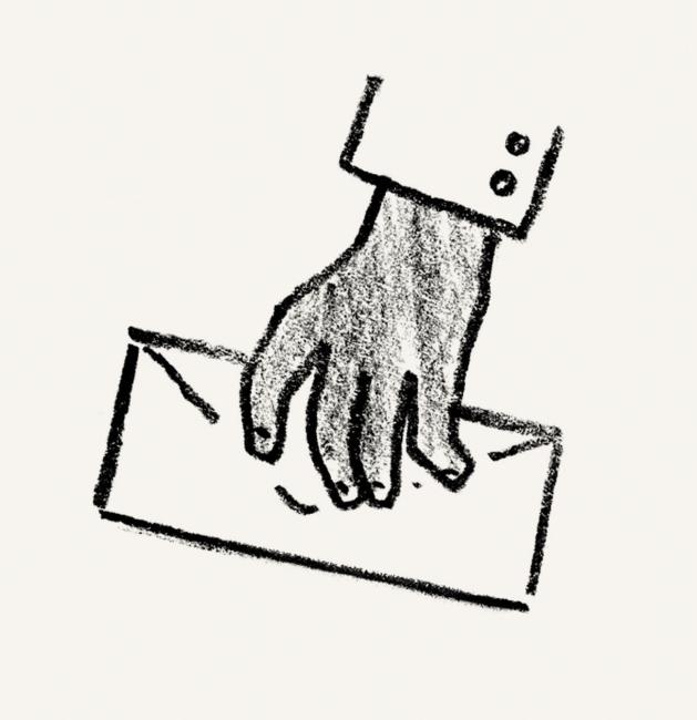 Illustration of dark-skinned hand holding letter.