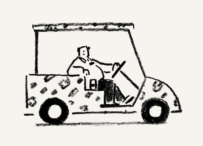 Illustration of man in golf cart.