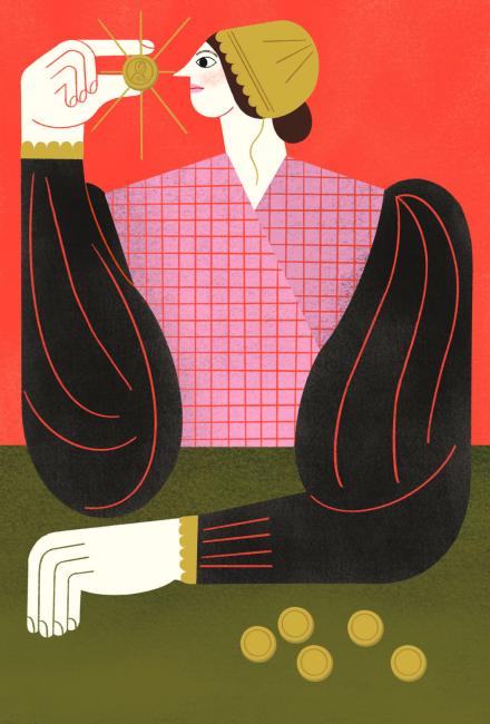 Illustration of woman holding a penny between thumb and forefinger.