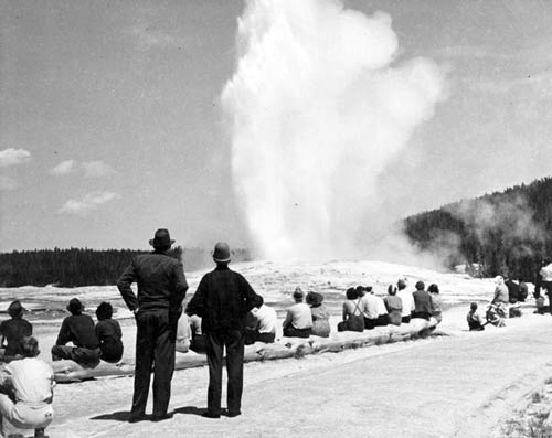 Wolfe admiring "Old Faithful" in Yellowstone National Park, June 1938. (Thomas Wolfe Collection, Pack Memorial Public Library, Asheville, NC.)
