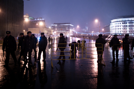 Police patrols the edges of Bolotnaya Square.