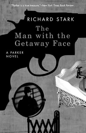 The book cover, dominated by a revolver in profile, showing also a bathroom sink with a mirror reflecting a man in a fedora.
