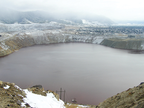 The immense crater of the Berkeley Pit, as seen from the north.