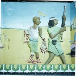 A crude, painted relief shows two men standing on a plain. One bears a rifle. The other has had the lower half of his extremities severed, blood painted as gushing from his wounds as he, improbably, stands.