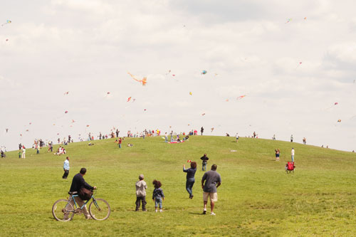 The hill, green with spring grass, covered with many people flying kites and running or playing.