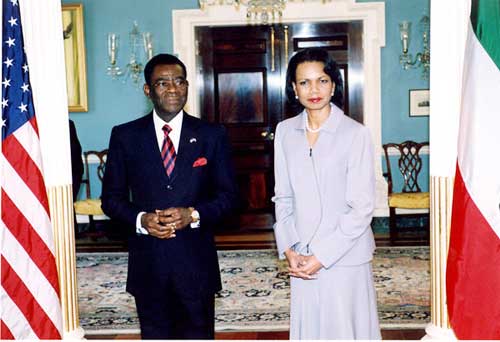 President Obiang Nguema and US secretary of state Condoleezza Rice