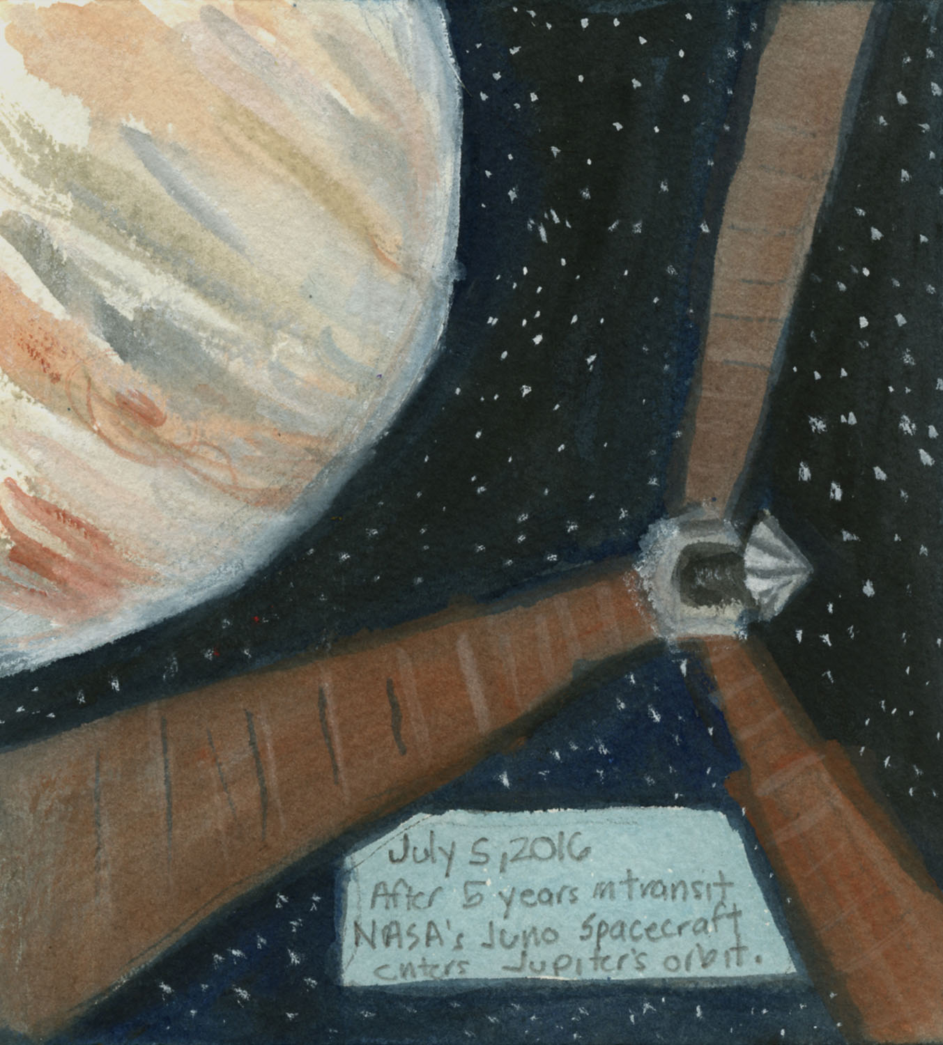 Day 227 (July 5, 2016)<br>Watercolor, gouache, graphite, on paper, 6 x 5 ½ in.<br><i>After 5 years in transit NASA’s Juno spacecraft enters Jupiter’s orbit.</i>