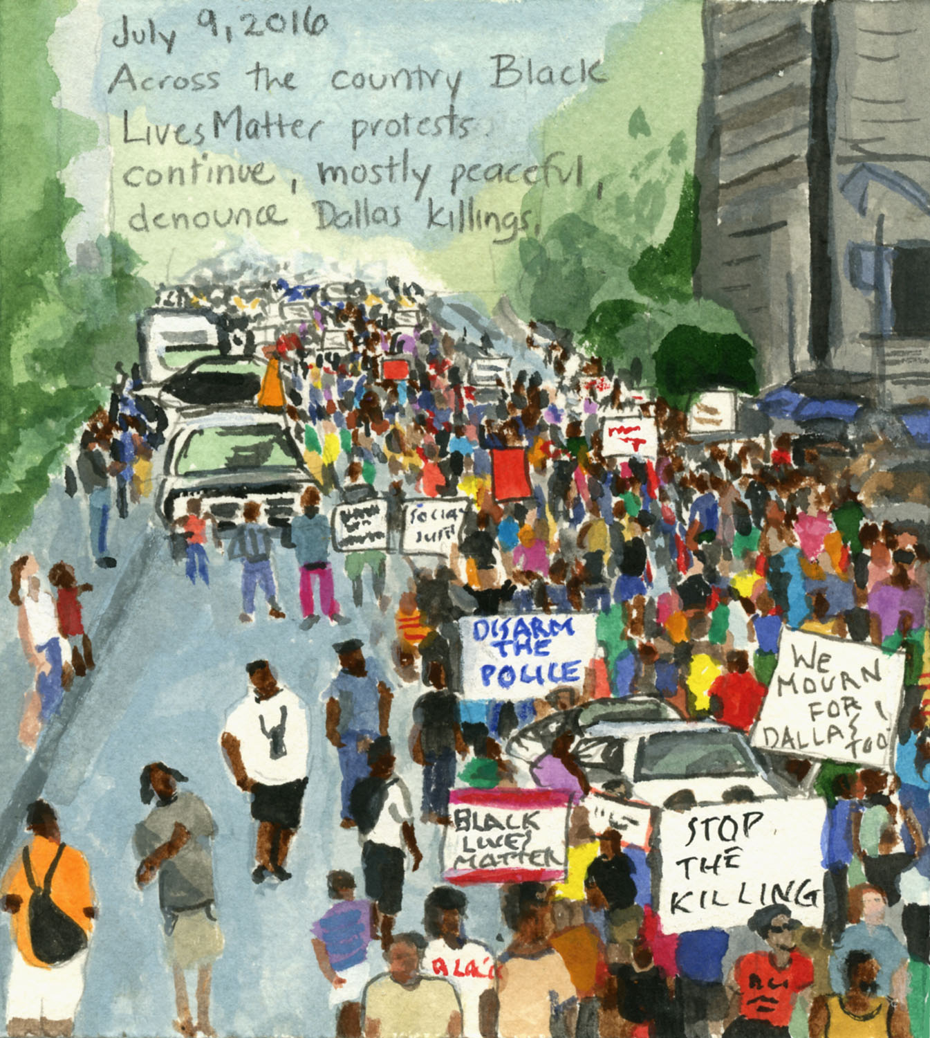 Day 231 (July 9, 2016)<br>Watercolor, gouache, graphite on paper, 6 x 5 ½ in.<br><i>Across the country Black Lives Matter protests continue, mostly peaceful, denounce Dallas killings.</i>