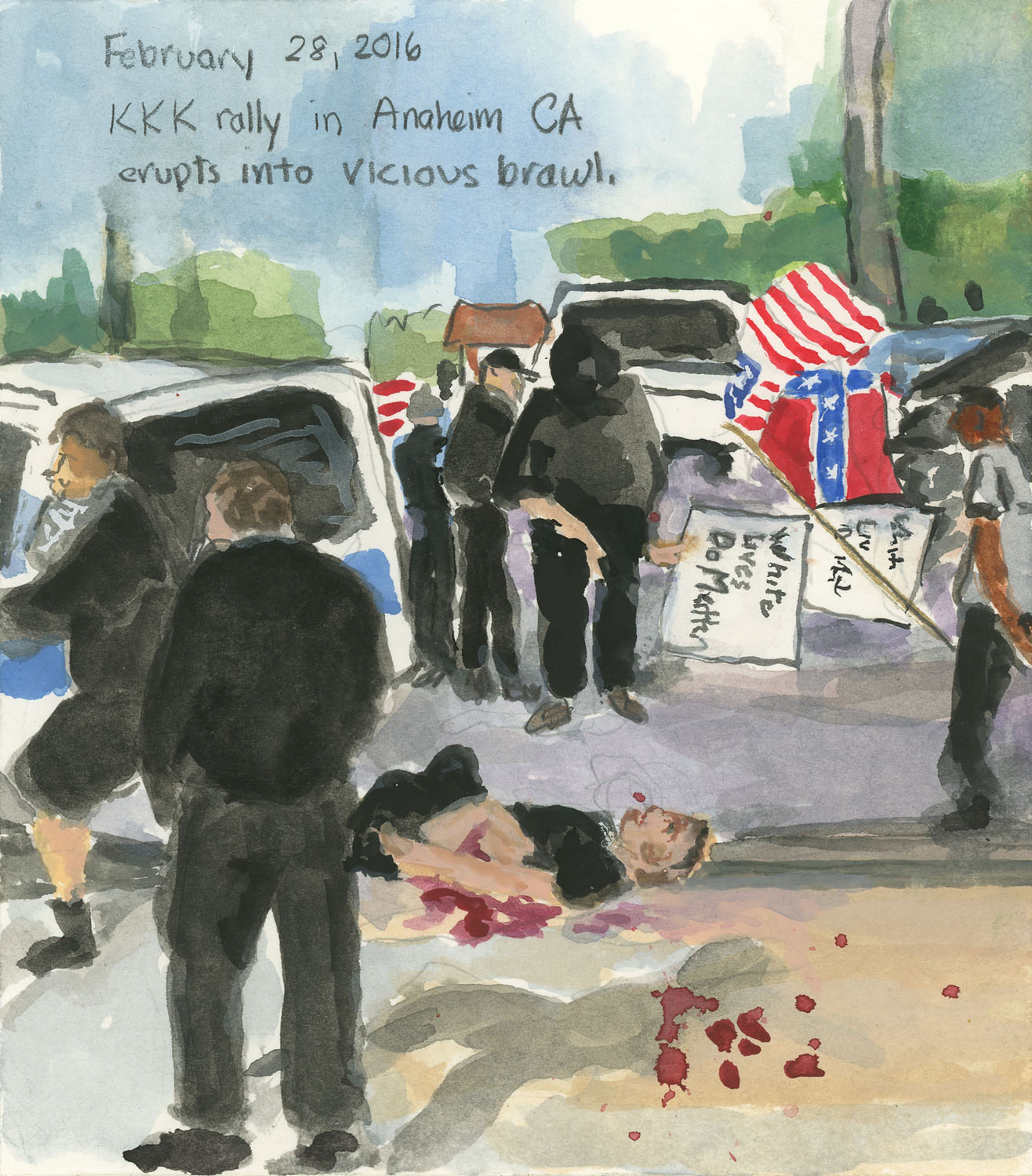 Day 99 (Feb. 28, 2016)<br>Watercolor, gouache, graphite on paper, 7 x 6 in.<br><i>KKK rally in Anaheim CA erupts into vicious brawl.</i>