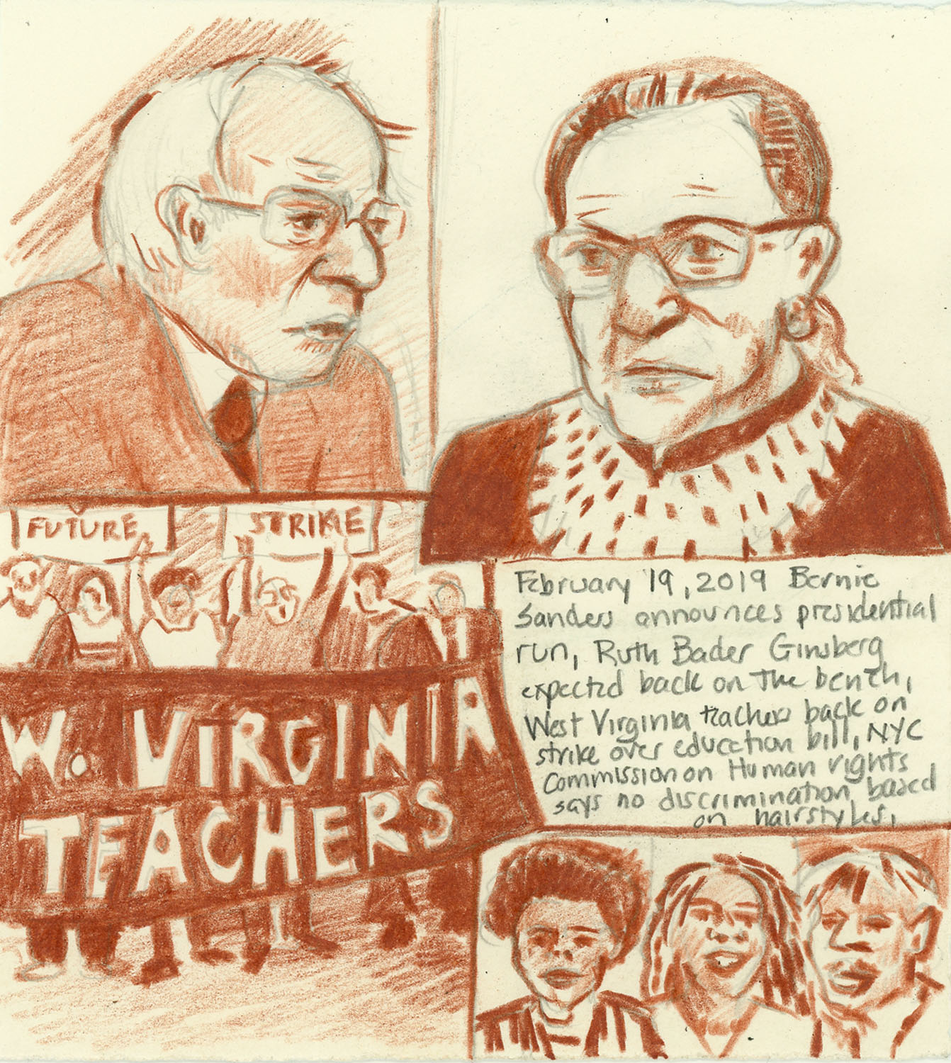 Day 1,186 (Feb. 19, 2019)<br>Color pencil, graphite on paper, 5 ½ x 5 in.<br><i>Bernie Sanders announces presidential run, Ruth Bader Ginsberg expected back on the bench, West Virginia teachers back on strike over education bill, NYC Commission on Human rights says no discrimination based on hairstyles.</i>