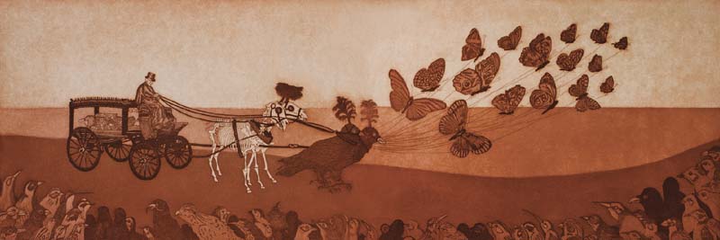 The ​Starling’s​ Funeral (2008). Aquatint on Sakamoto paper, 12 x 35.5". Collection of Audrey Niffenegger, Chicago.