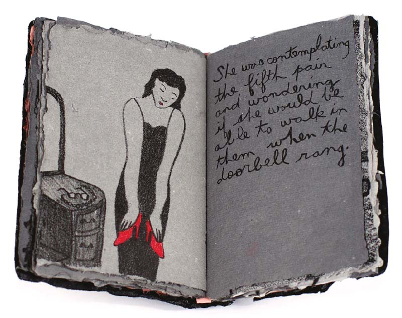 Spring​ (2004). Artist’s book, lithographs on handmade cotton and abaca paper, carbon and antique silver pigment, colored pencils, and acrylic paint. 6 x 4" (book); 6 x 8" (lithographs). Collection of Audrey Niffenegger, Chicago. Collaboration with Marilyn Sward.