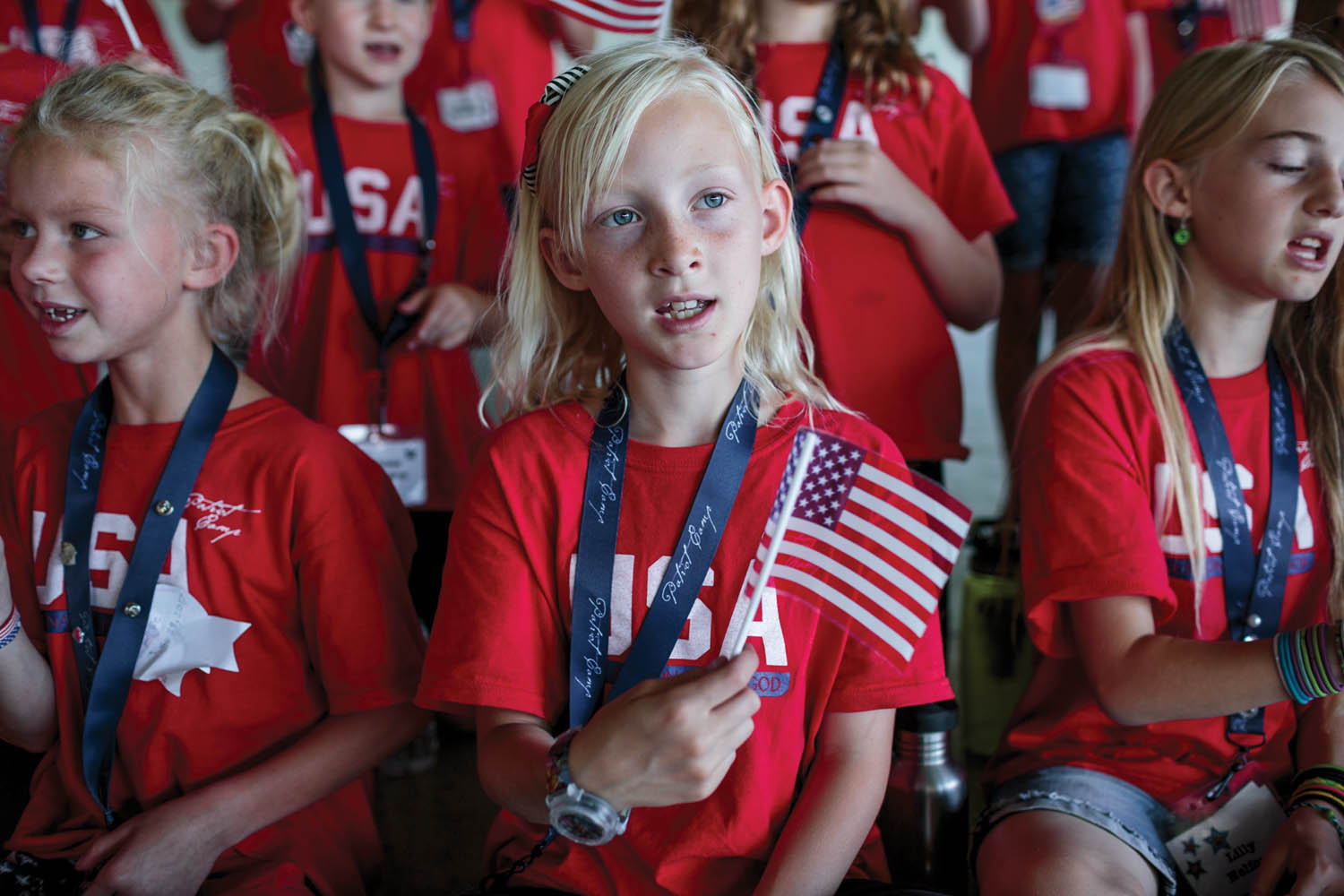 Utah Patriot Camp, a week-long day camp for elementary students in Herriman, UT, teaches the Constitution, American values, military history, and Bible study, among other courses. Photographed by Sarah Blesener
