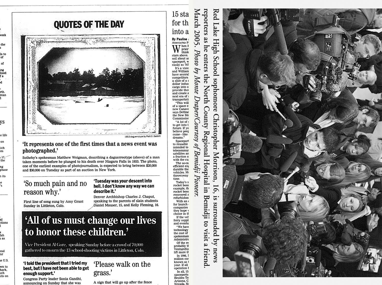 (L): <i>Chicago Tribune</i>, April 26, 1999. (R): <i>Nieman Reports</i>, September 15, 2005.