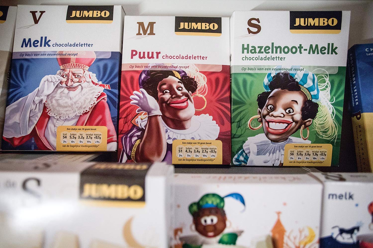A store display in the Netherlands of Sinterklaas and Zwarte Piet celebratory candy bars, October 2013. (Arie Kievitt / Hollandse Hoogte / Redux)