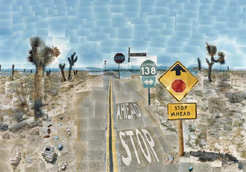 Pearblossom Hwy., 11–18th April 1986 (Second Version) , photographic collage, 71.5 x 107". Used courtesy of J. Paul Getty Museum, Los Angeles.
