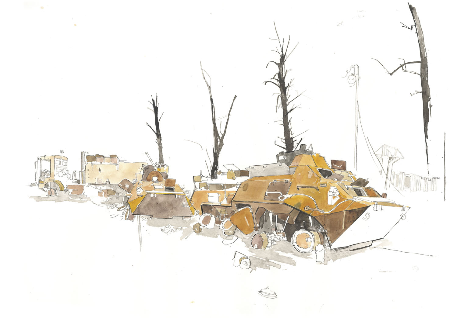 Ambushed Russian Tanks, Bucha. Illustrations by George Butler