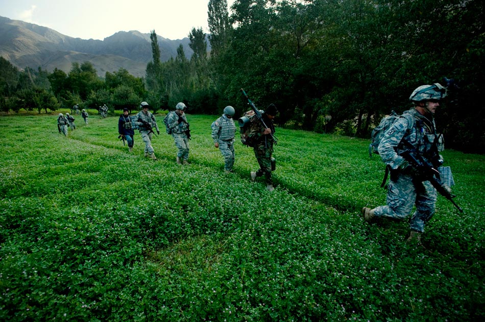 10th Mountain Division and Afghan National Army (ANA) soldiers on a joint patrol in the Jalrez Valley, Wardak Province.