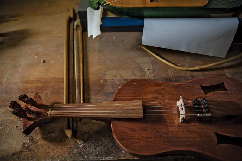 Nogy’s replica of a vielle, a late-medieval five-stringed fiddle.