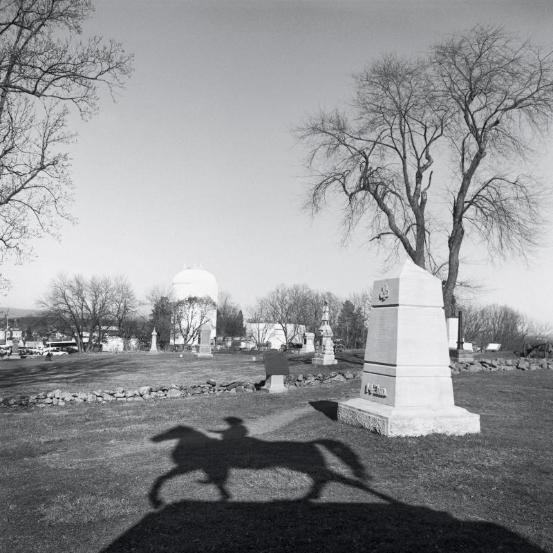 Shadow of monument to Major General Winfield Hancock.  Cemetery Hill, Gettysburg National Battlefield, Gettysburg, PA, 2012. 
