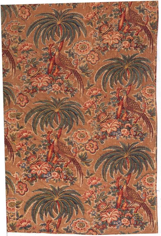 A wholecloth quilt made of English calico features the combination of birds and exotic motifs popular during Cole’s apprenticeship in the cotton industry and reflected in the carpet pattern he chose for his studio chair.  Bannister Hall printworks in Lancashire first produced the block-printed design by Charles Swainson circa 1815. (Courtesy of the Winterthur Museum. Gift of Henry Frances Dupont, 152.0250.002.)
