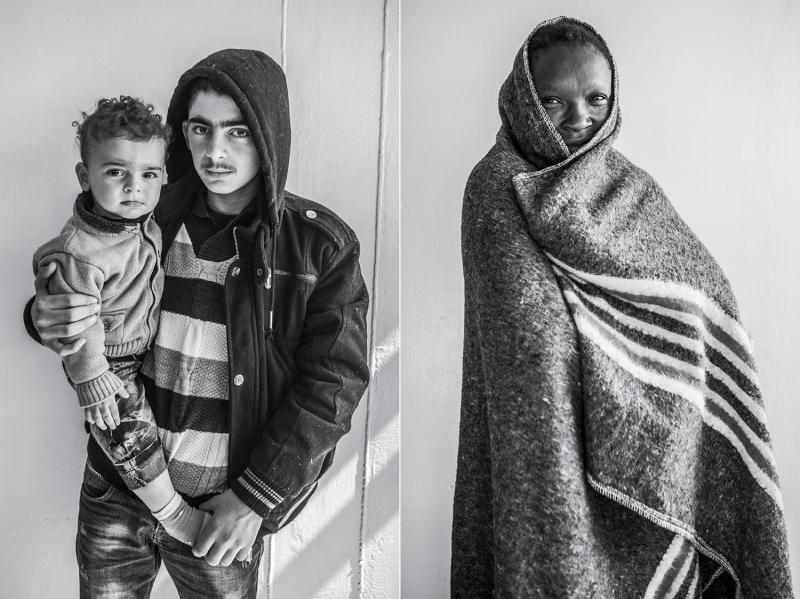 (L): Abdul Rhaman, fifteen, with his brother Karim, from Syria. (R): A migrant from Nigeria. (Name and age not disclosed.)