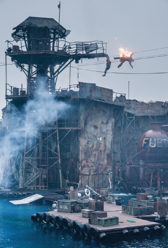 A stuntman performs a high fall at the Waterworld show, Universal Studios Hollywood. Live shows help many stunt people earn a living and are often a stepping-stone to better-paying film and television jobs.