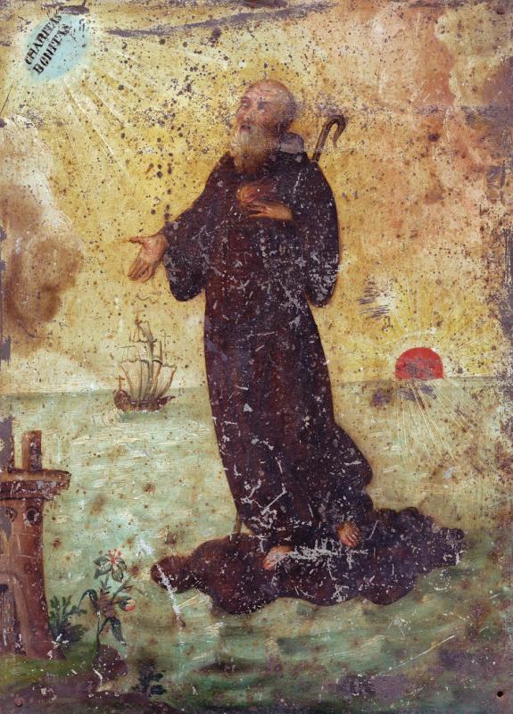 Saint Francisco de Paola floating across the water on his cloak. A saint of good works—charitas bonitas—he is carrying flames against his chest, a physical manifestation of his passion for the word of God.