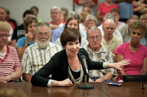 BOLD Nebraska’s executive director Jane Kleeb testifies at the York County hearing in July.