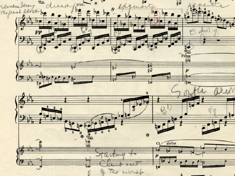 A page from Beethoven’s Concerto No. 5 for piano, pulled from the stack that sits atop the Baer family Steinway grand.
